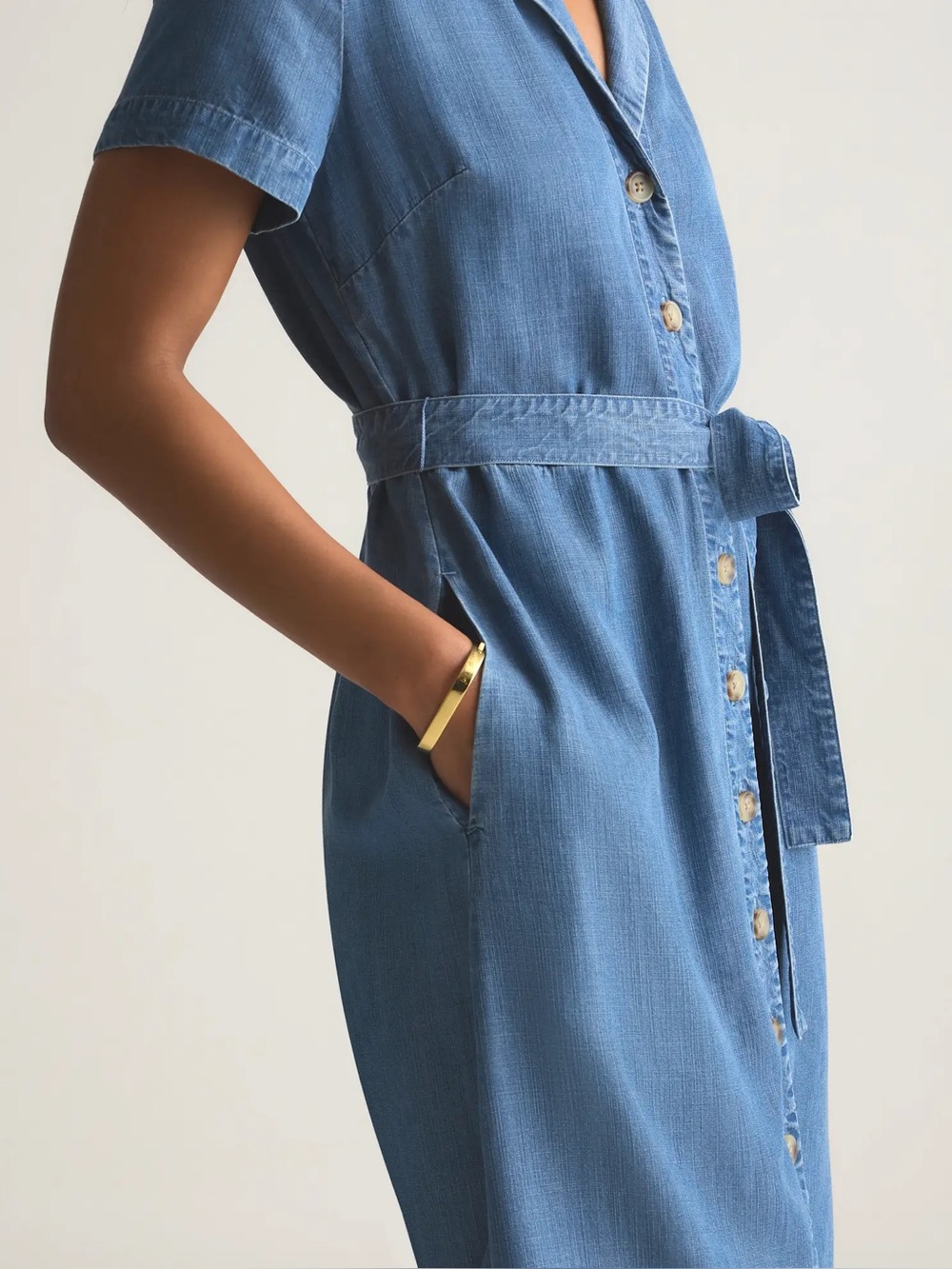 Quince Blue Button-Front Denim Midi Dress with Tie Waist - Picture 4 of 12